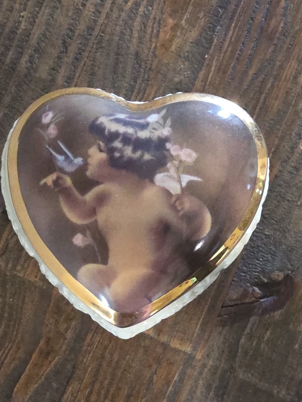 Vintage Heart-Shaped Glass Trinket Box with Cherub Artwork - Pink and Gold.